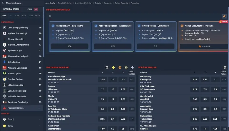 Cenabet bahis sayfası, solda Maçınızı bulun kutusu ve lig listesi, ortada Süper Promosyonlar kartları ile maç tabloları