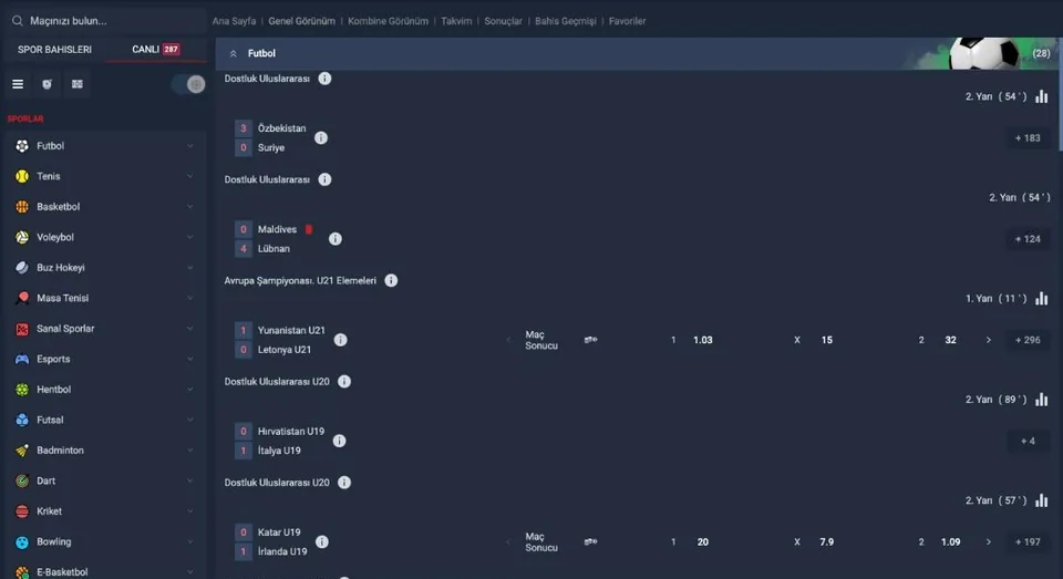 Cenabet canlı bahis ekranı, solda CANLI sekmesi ve spor dalları, ortada lig başlıkları altında devre ve dakika bilgisiyle sıralanan maçlar