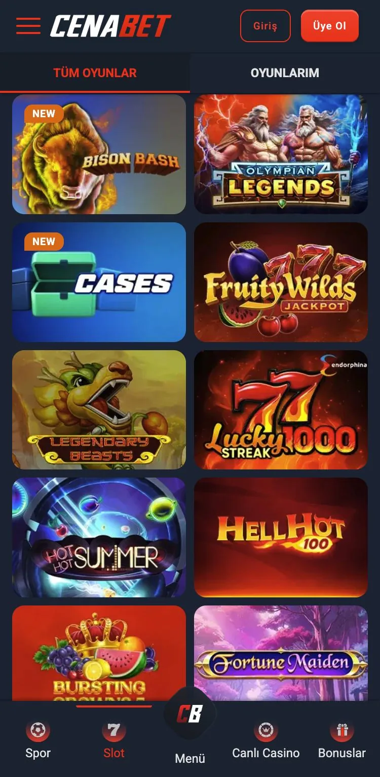 Cenabet casino lobisinin telefondaki görünümü, alt menüde Slot düğmesi seçili
